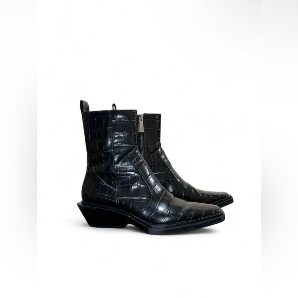 Black Croc-Embossed Ankle Boots